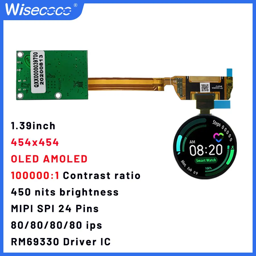 

Круглый дисплей Wisecoco 1,39 дюймов 454*454 OLED Amoled MIPI Spi круглый ЖК-модуль IPS мини-экран 450 НИТ 1:1