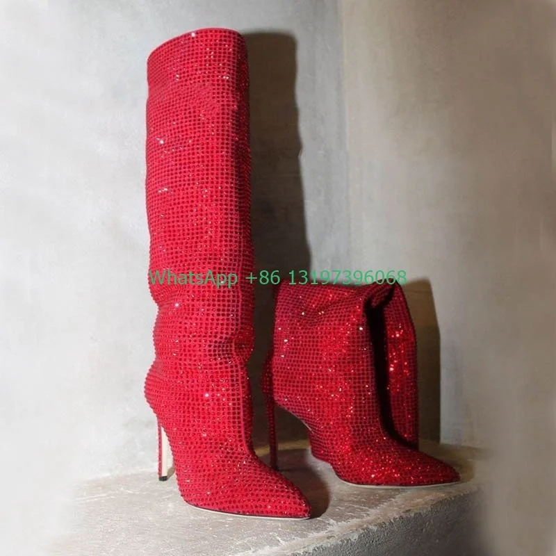 سيدة الأزرق بلينغ حجر الراين أحذية الركبة مثير اللون مشرق أشار تو أحذية T تظهر عالية الكعب فارس أحذية باردة الصيف الربيع الأحذية