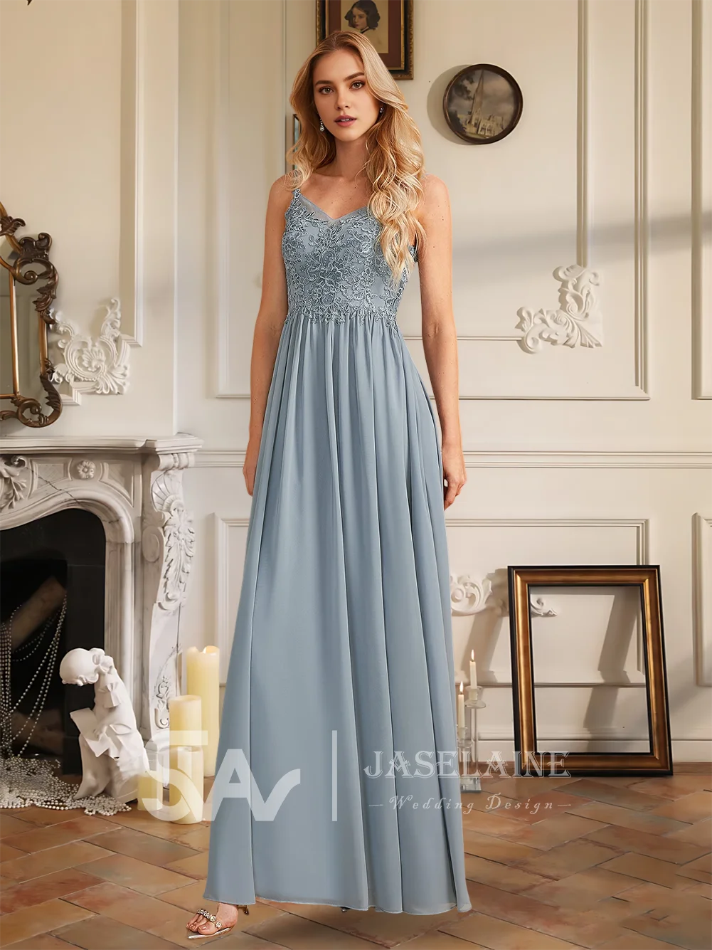 Luxury Royal Blue A-Line V-Neck Floor-Length Lace Ruffle Chiffon Bridesmaid Dresses Wedding Guest Evening Cocktail Gown 2025