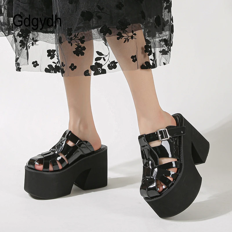 Gdgydh Women Platform Sandals Closed Toe Buckle Decor Solid Color Slip On Chunky Heels Mules Outdoor Non Slip Breathable