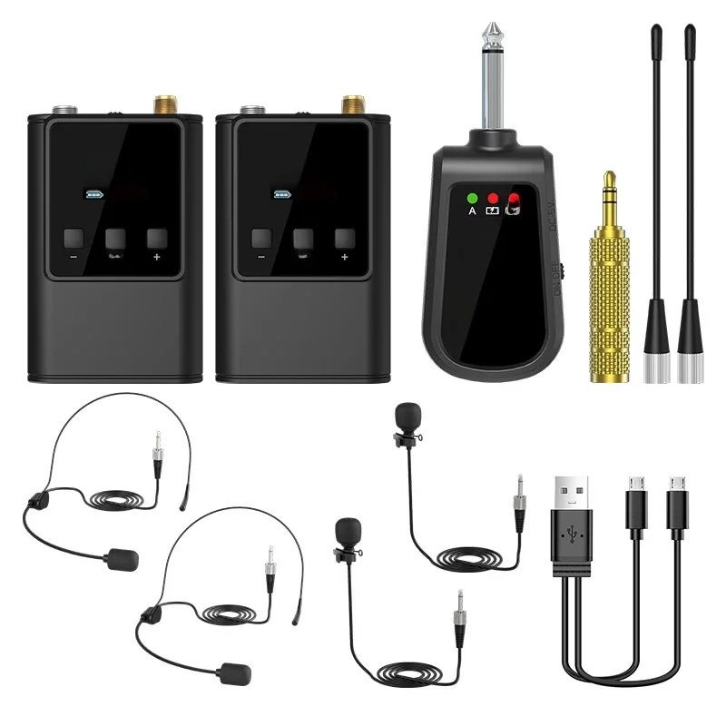 AOIEUUAI Système de Microphone sans fil double, micro casque/micro sur pied/micro à revers Lavalier avec émetteur et récepteur Bodypack rechargeables 3