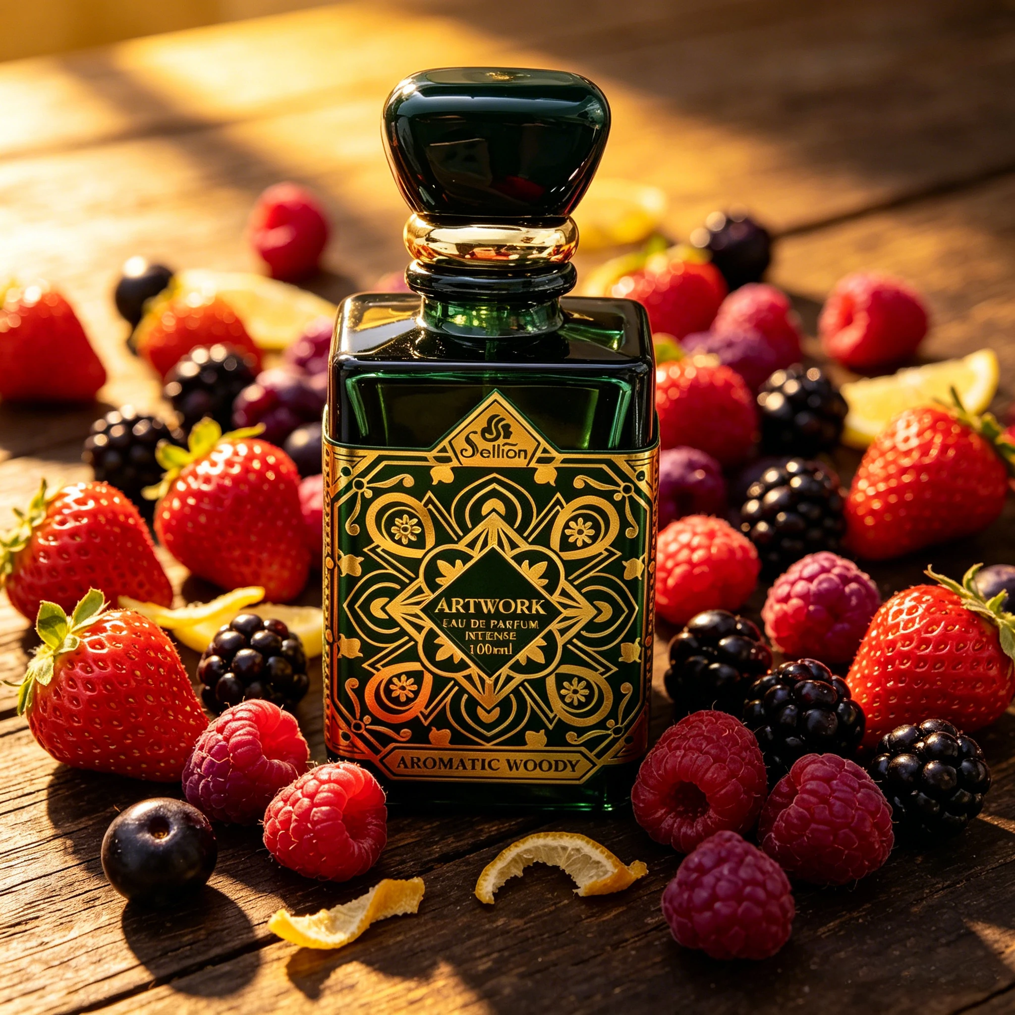 100ml ARTWORK Unisex Aromatic Woody Eau de Parfum, Mixed Wild Berry Floral Forest Wood Long Lasting Fragrance, Vintage Dark Emerald Green Square Glass Bottle with Gold Embossed Oriental Pattern, All Day Wear Neutral Cologne, Luxury Dark Green Velvet Gift - view 5