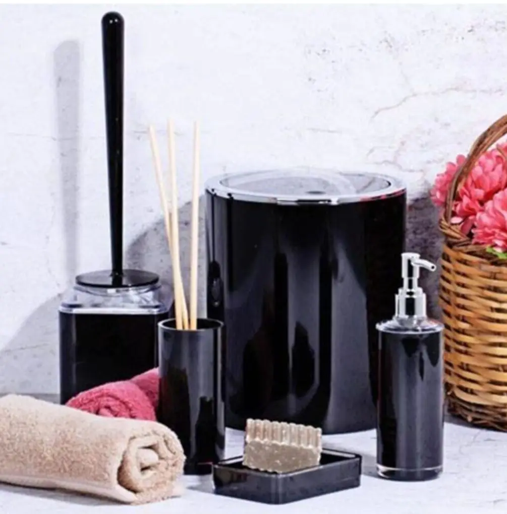 

Bathroom Accessory Set Acrylic Black 5 Pcs Lux Toothbrush Holder Liquid And Solid Soap Dispenser Trash Can Toilet Brush For home