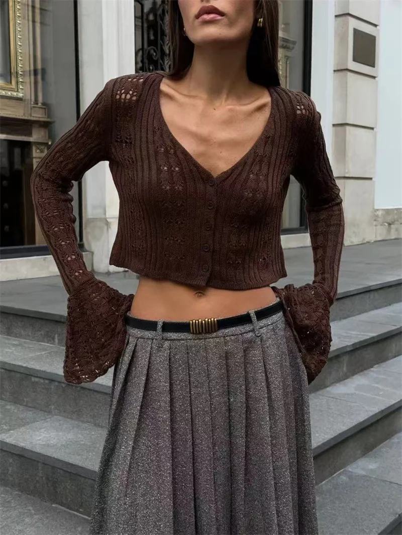 

Women's Sexy Deep V Hollow Out Knit Blouse Long Sleeve Crop Top Crochet Bikini Cover Up Beach Cover-Ups Sweaters Blusa Cardigan