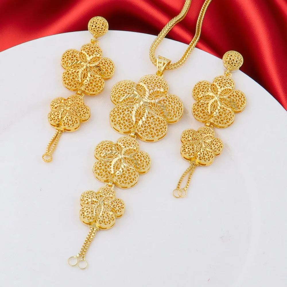 

Brazilian 24K Gold Color Jewelry Sets Dubai Luxury Necklace Earrings For Nigerian Indian Bridal Set Party Gifts Accessories