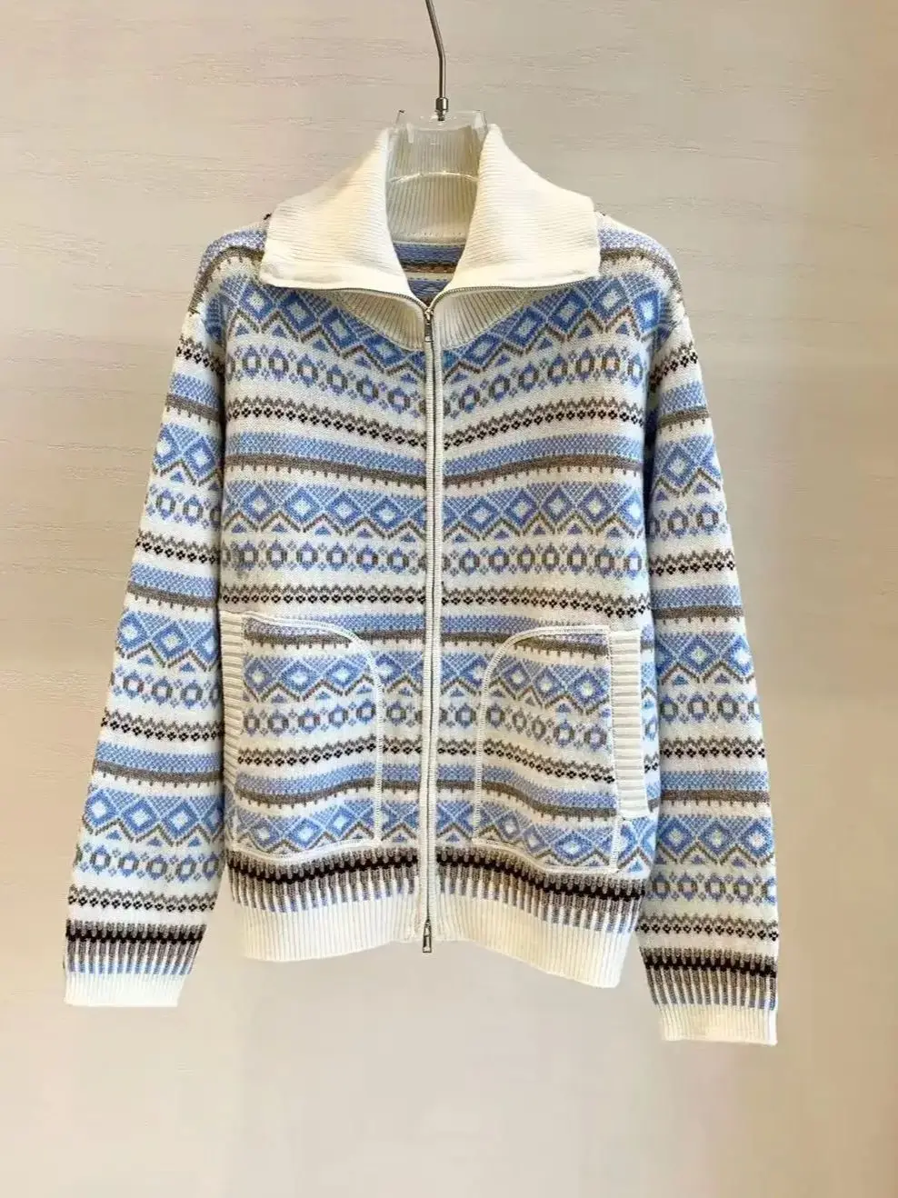 

Autumn-winter ethnic style zippered knit blended wool cardigan