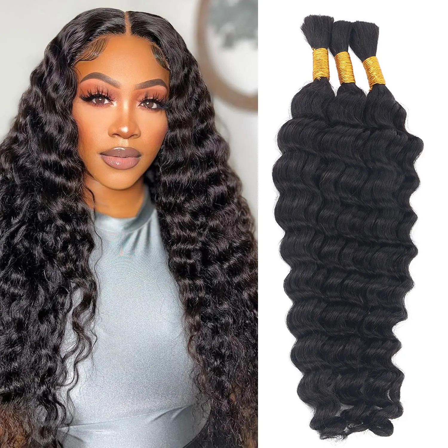Brazilian Remy Virgin Hair Deep Wave Human Hair Bundles 14-24Inch Drawn Weave Extensions Natural Black For Women