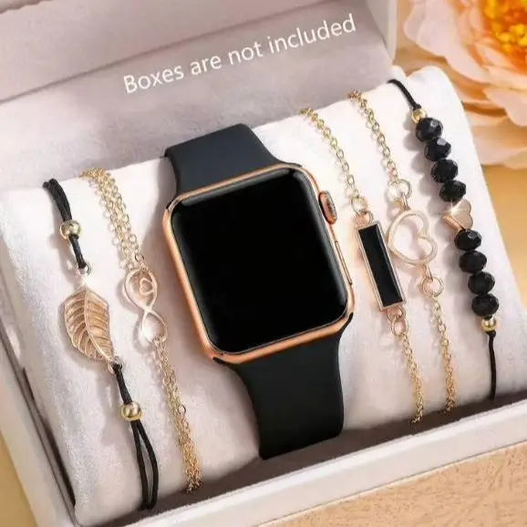 5-Piece Set of Fashionable and Simple Electronic Watches, Paired with a Feather Series Bracelet Set, Without Smart Features, Exquisite Birthday Gift, Delicate and Cute, Suitable for Girls/Boys, Casual and Versatile, Ideal Choice as a Gift