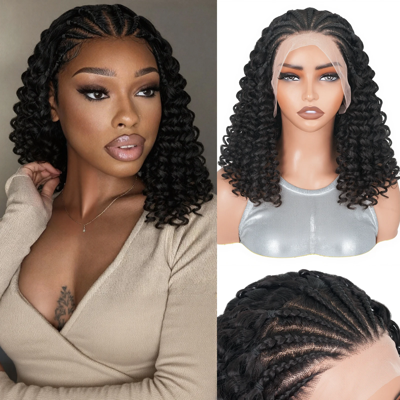 

13x4 Плетеные Парики для Чернокожих Женщин Косички HD Парик Фронта Шнурка Фронтальный Плетеный Полностью Вьющийся Боб Синтетический Бесклеевой Парик