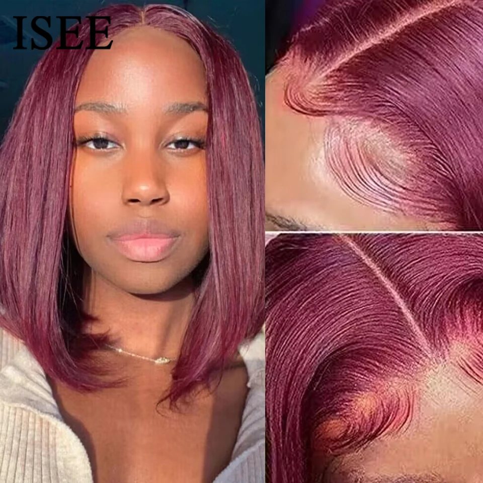 ISEE Hair Wear Go Straight Bob Wig Lace Front Human Hair Wigs For Women 99j Burgundy 6x4 Glueless Closure Wig Pre Cut PrePlucked