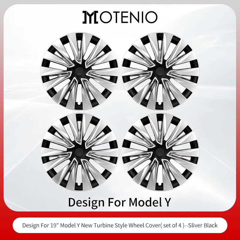 4 stuks 19 inch zilver-zwarte turbine stijl wieldoppen voor Tesla Model Y (2020–2024), vervangende wielkappen.