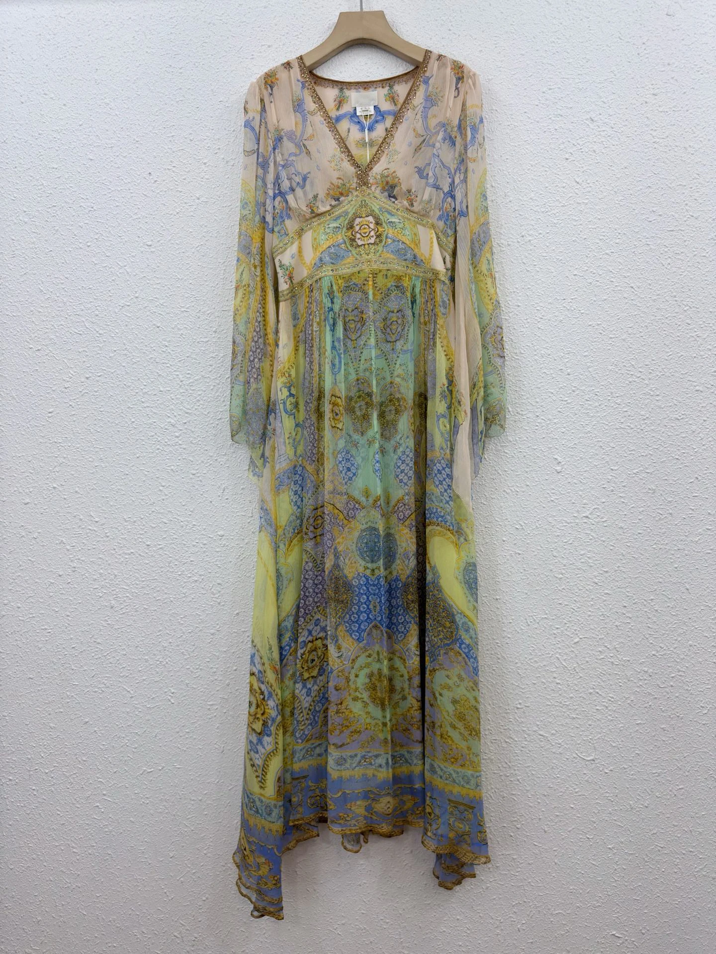 Abito lungo in chiffon con stampa paisley da donna al 100% in vera seta, manica lunga, scollo a V profondo, abito lungo Boho fluido