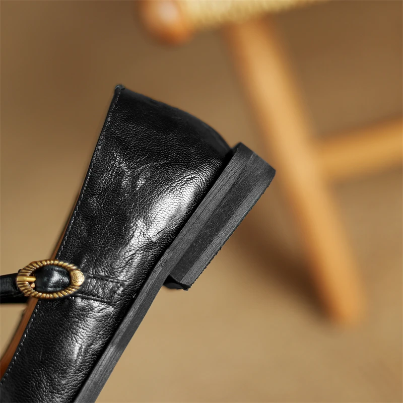 حذاء ماري جين المسطح النسائي المتطور - جلد الغنم الفاخر مع إبزيم وردي، أسود وبني، كعب 0.8 بوصة، مريح #6