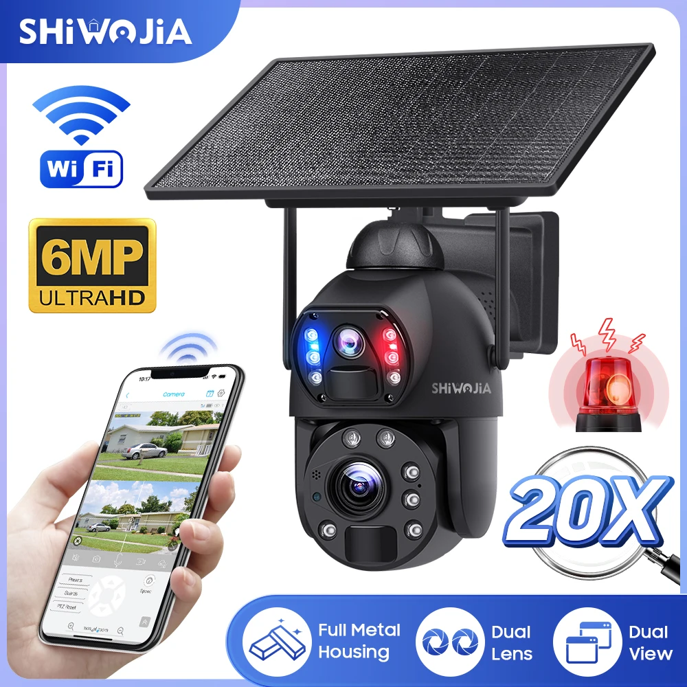 HIWOJIA 6MP 20X Zoom Dual Lens 4G 10W Solar Camera Outdoor IP66 Metal Case PTZ Human Detection Auto Tracking Security Camera