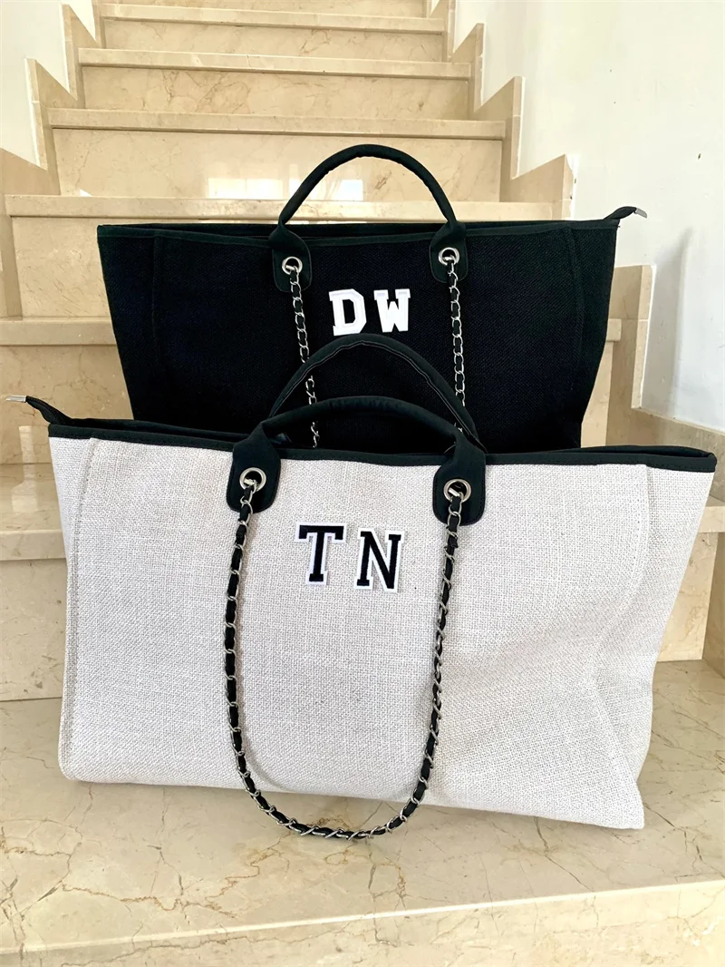 

Large Luxury Personalised Monogram Tote Bag, Customized Canvas Chain Beach Shopping Tote Bag, Personalized Weekend Hand Bag