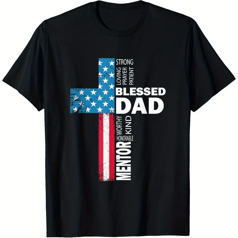 

Christian Bless Dad Cross Pure Cotton T-Shirt Soft Breathable Loose Fit Short Sleeve Round Neck Tee Wear Vibrant Print Comfortab