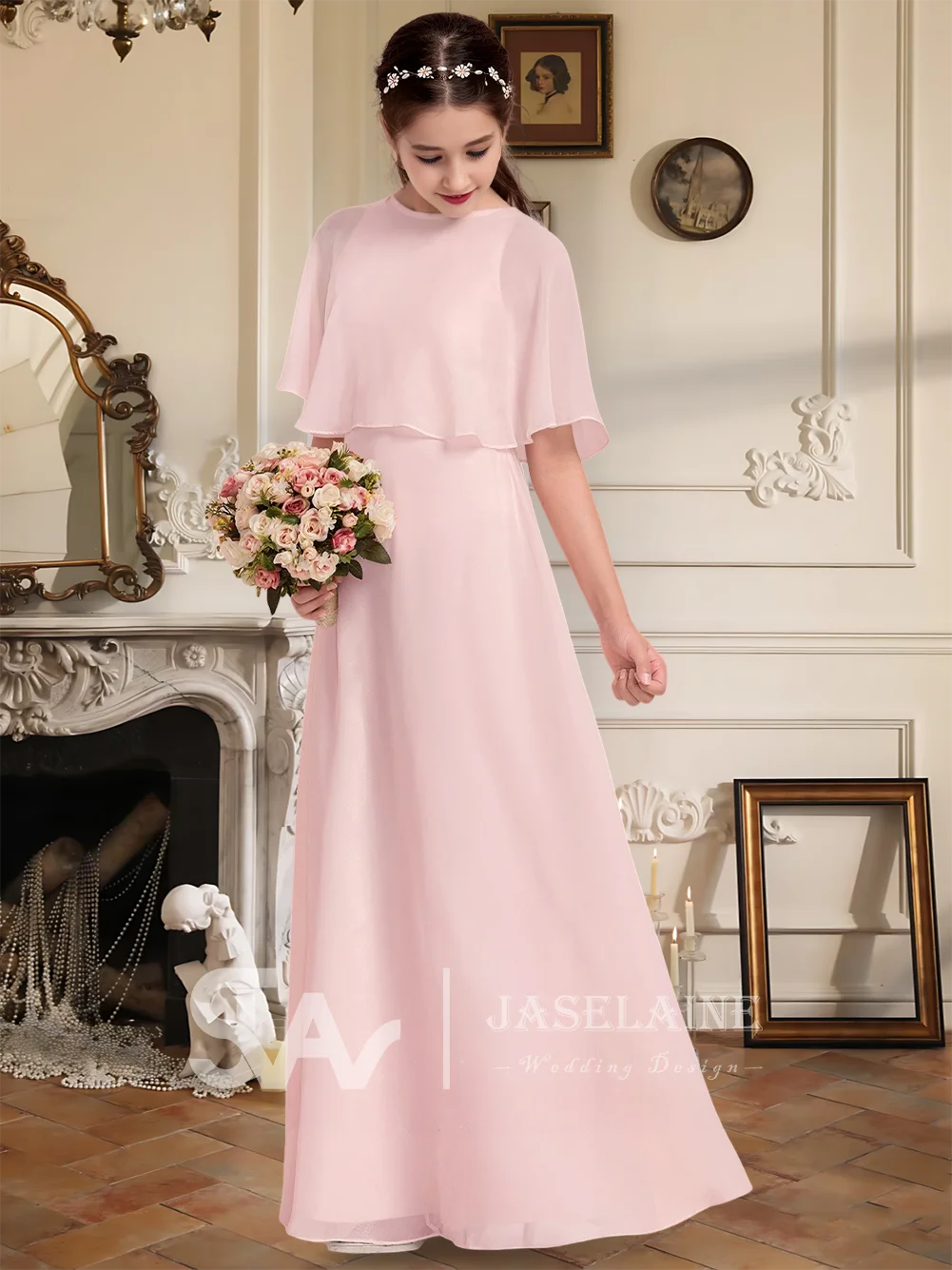 B Aライン スクープ フロアレングス シフォン ケープ ジュニアブライドメイドドレス フラワーガールドレス ガールズ ウェディングパーティー フォーマル 特別な機会