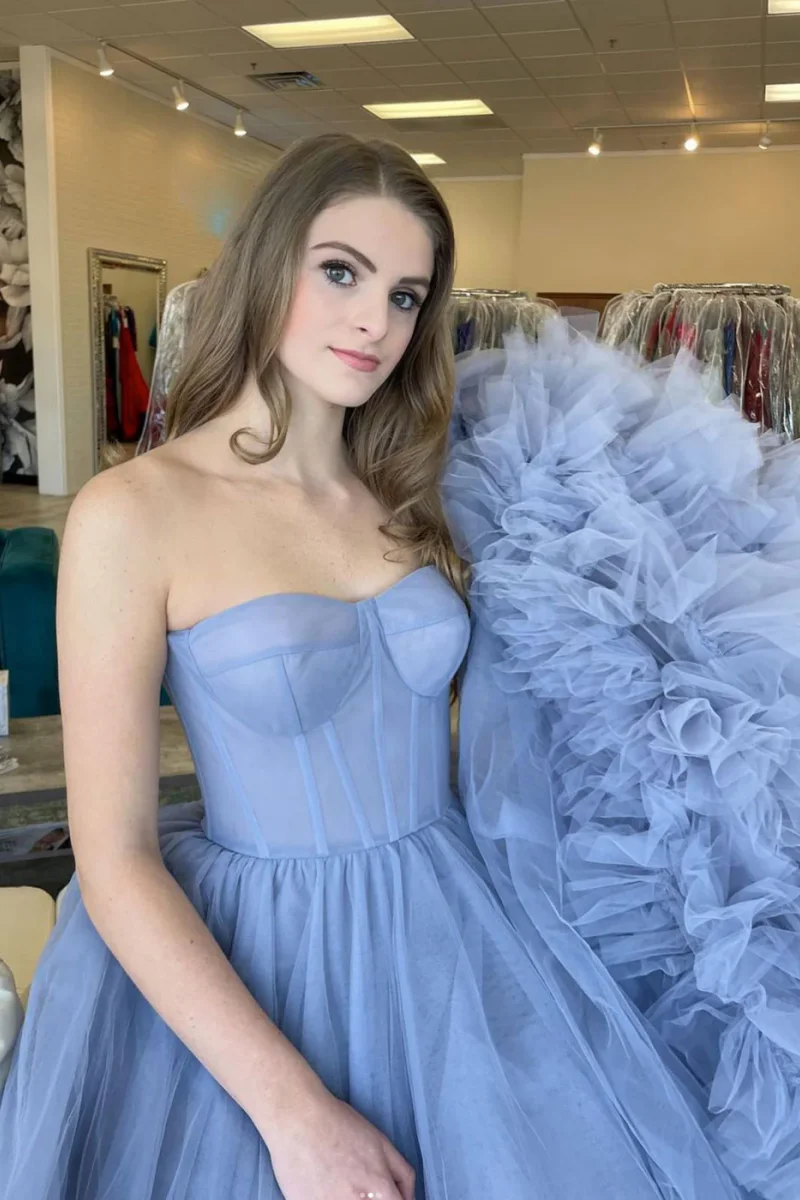 Jessica Blue Prom Dresses Strapless Tulle Evening Dress  Sweet Trailing Princess Formal Occasion Party Dresses Customized