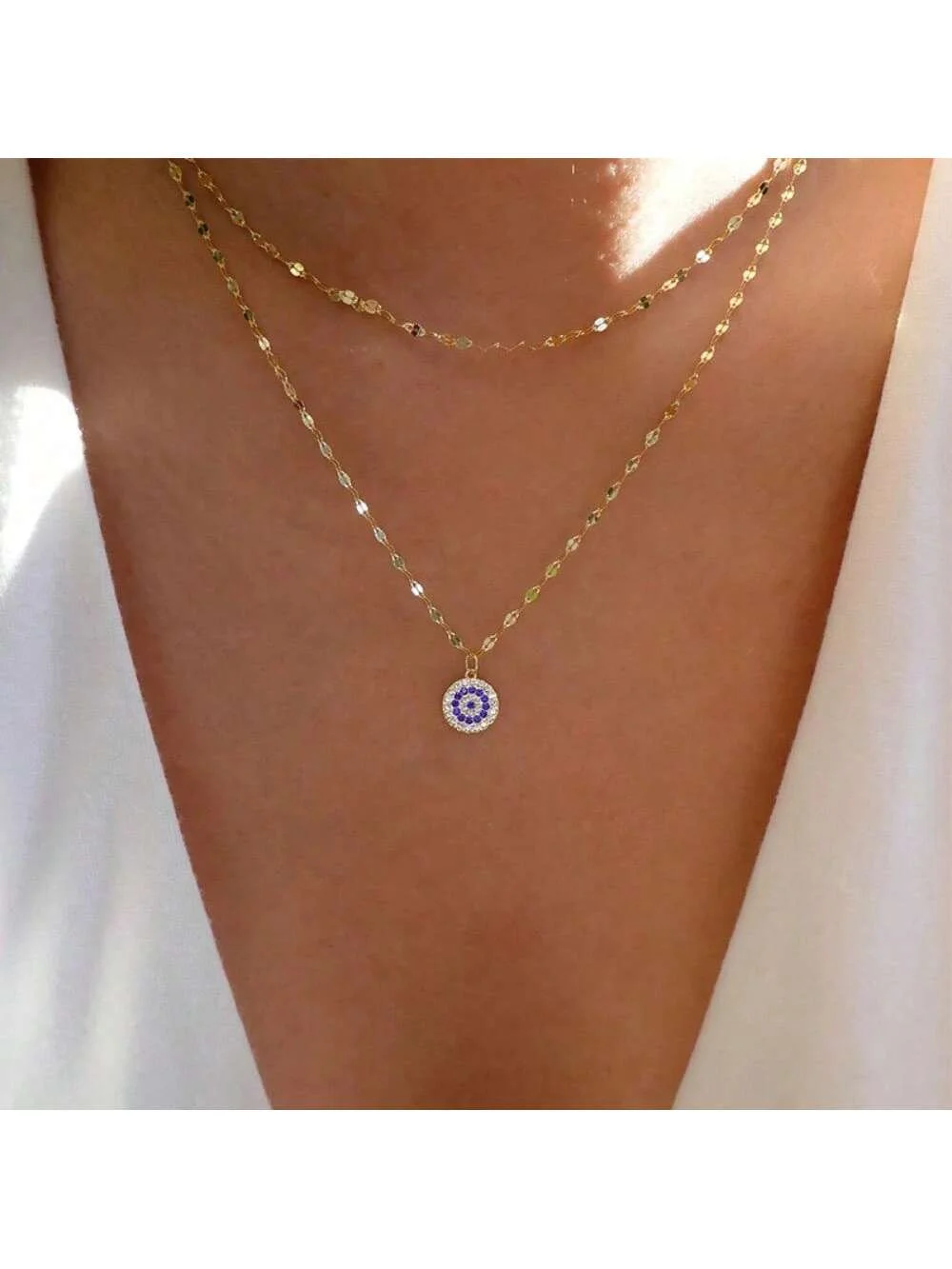 قلادة متعددة الطبقات - سلسلة ذات طبقات باللون الأزرق، مجوهرات على الطراز الأوروبي للنساء لارتدائها مع تي شيرت