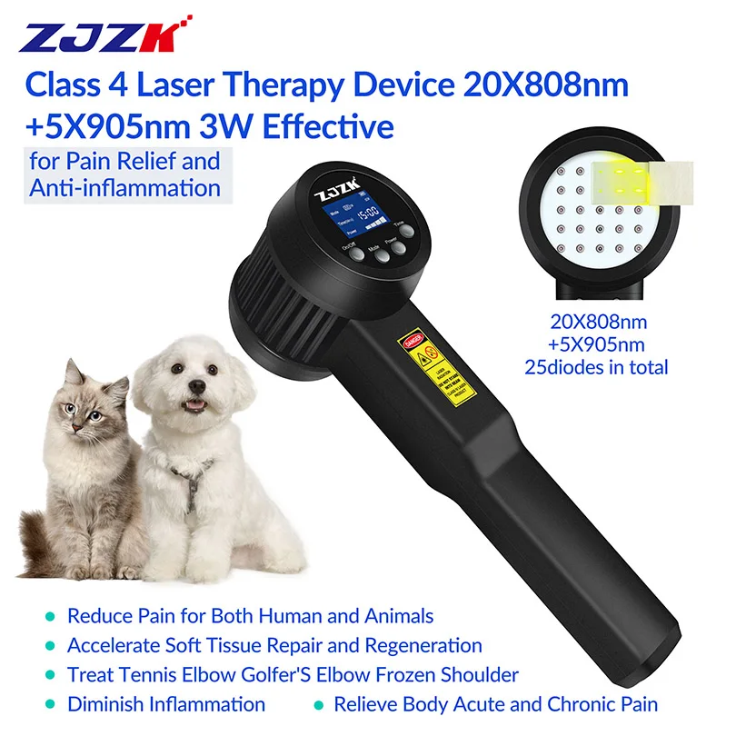 Handheld cold laser therapy device for pets animal horse dogs pain relief tissue repair 3W 808nm 905nm continuous pulse modes