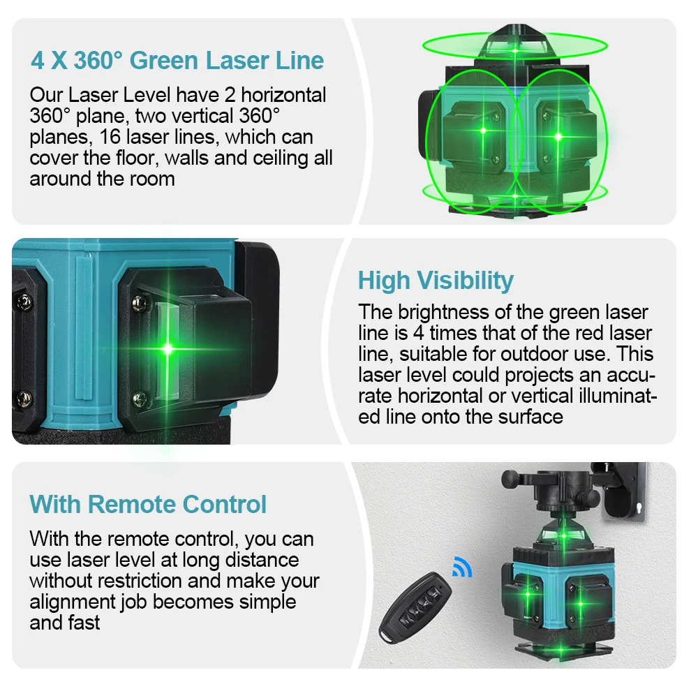 Imagem -02 - Nível Laser Verde 16 Linhas Bateria 4000mah Controle Remoto Mesa Elevatória Ajustável 360 Graus Kezers4d