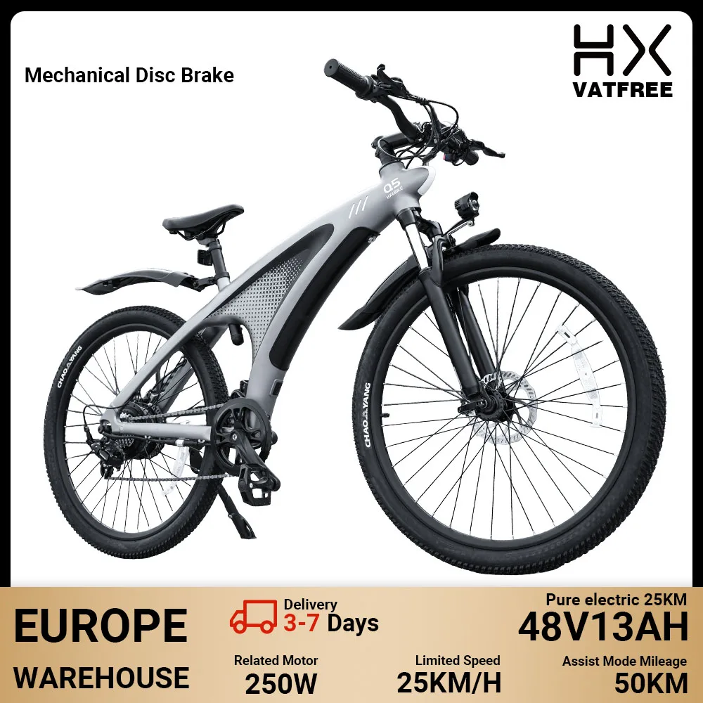 HX Q5 elektrische fiets voor volwassenen, met koppelregelaar, 250W motor, 85Nm, 48V, 20Ah, uitneembare accu, 27,5x2,25 inch, geschikt voor zowel berg- als stadsgebruik.