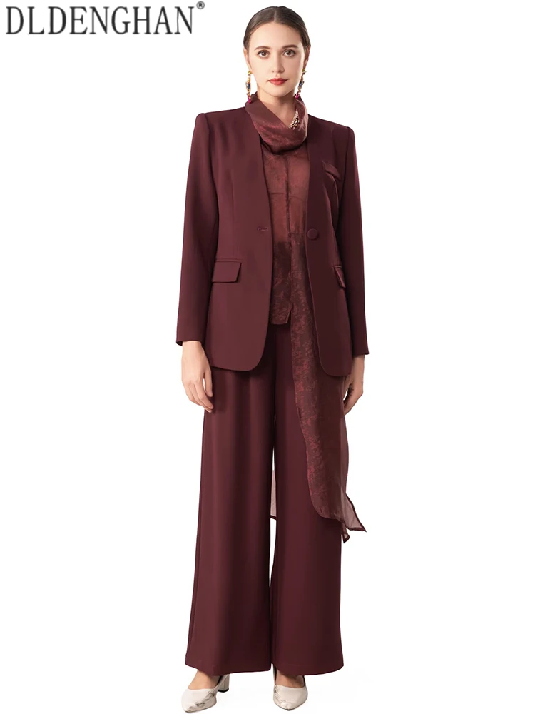 DLDENGHAN Women V-Neck Long-sleeved Single Breasted Buttons Pockets Design trousers Spring Autumnal Office Lady Solid 3-Piece