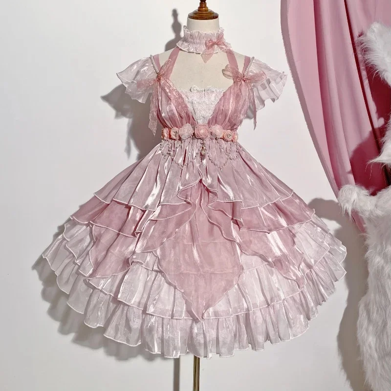 Wiktoriańska sukienka Vintage Lolita Jsk Kobiety Elegancka koronka w kwiaty Perłowy łańcuszek Sukienki księżniczki Dziewczyna Śliczna różowa sukienka na wesele — zdjęcie 2