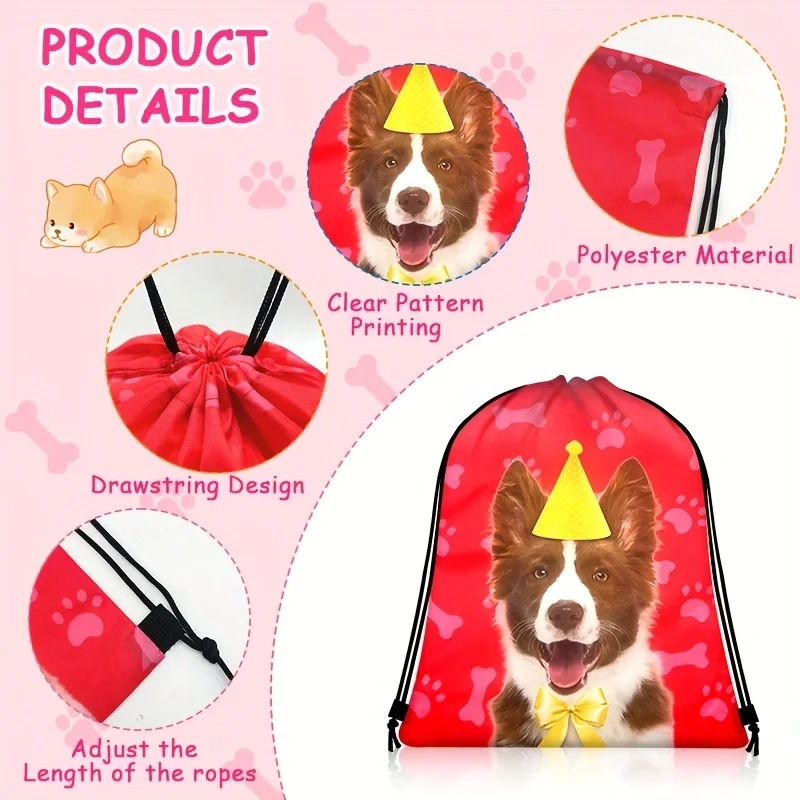 12Pcs Dog Party Print Drawstring Backpack, Camping Bags Outdoor Bags, Lightweight Sack Bag for Sports Travel Party Storage Gift