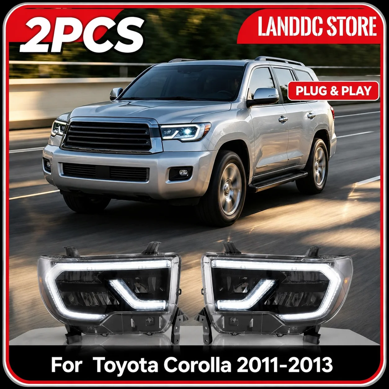 LHD Voll-LED-Scheinwerfer für Toyota Sequoia 2008-2017 Tundra 2007-2013 Frontlampen-Baugruppe DRL Plug & Play 1 Paar