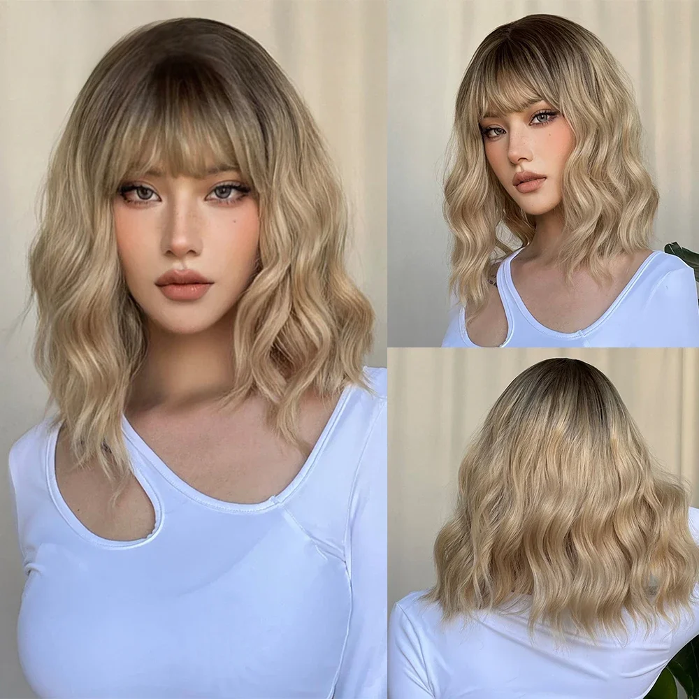 Krótkie faliste peruki syntetyczne Bob Brown to Blonde Ombre Hair Peruki dla kobiet z grzywką Cosplay Lolita Naturalna peruka odporna na ciepło — zdjęcie 2