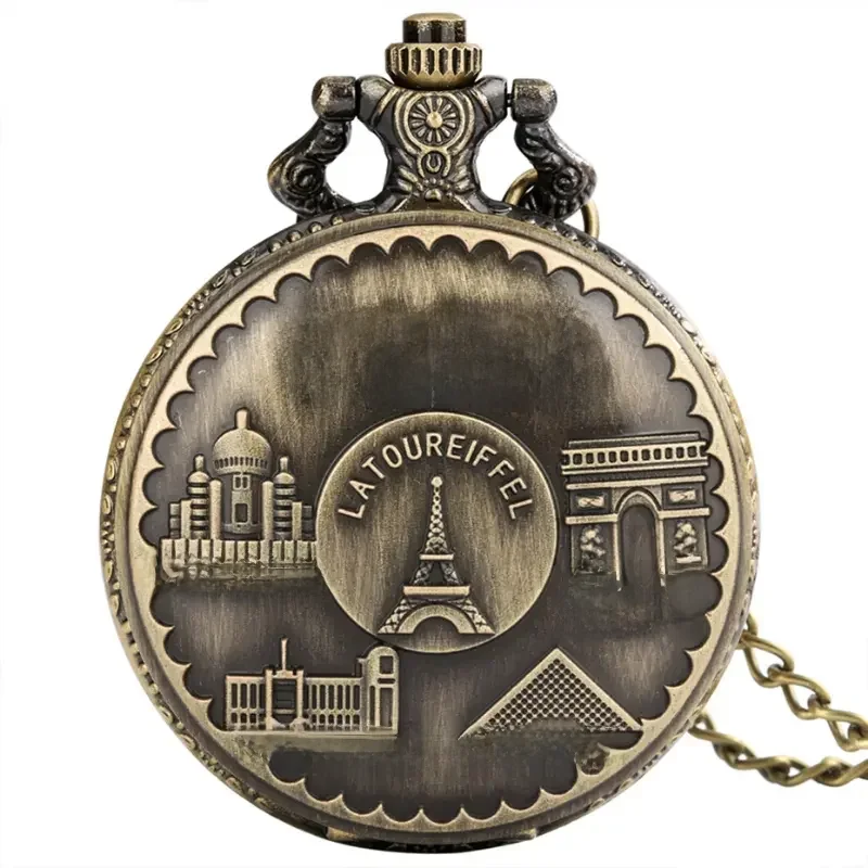 Vintage Paris Eiffel Tower Notre Dame Design Kwarcowy zegarek kieszonkowy LE LOUVRE Naszyjnik Wisiorek Art Souvenir Zegar dla mężczyzn Kobiety — zdjęcie 2