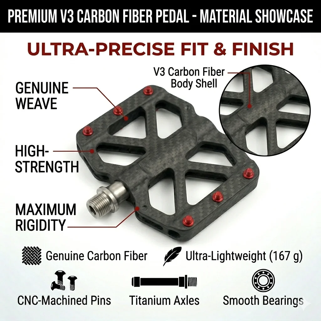 TESNO Ultralight Carbon Fiber Bicycle Pedals with 3 Bearings MTB Road Bike Pedals Titanium Non-Slip Quick Release 14mm Universal
