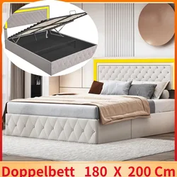 Ablage bett, Doppelbett mit LED-Streifen mit Lattenrost und Schnallen kopfteil, Samt-180 x 200cm
