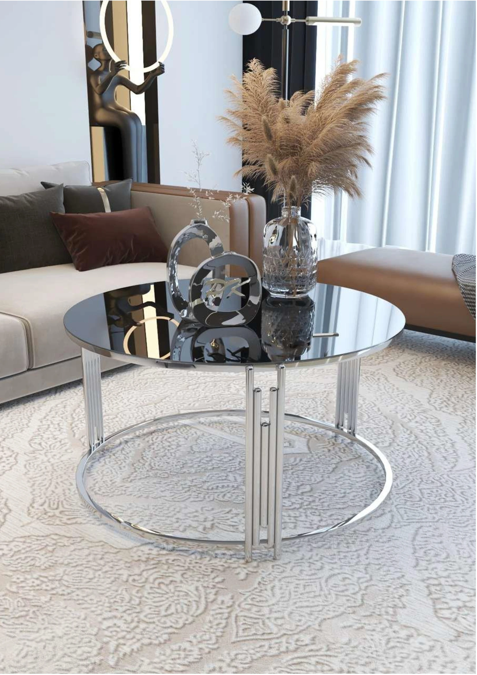 PIANO MODEL HOME OFFICE TABLE METAL WORKBENCH GOLD AND SILVER LEGS BRONZE SMOKE MIRROR AND MARBLE PATTERNED TEA TABLE MODERN