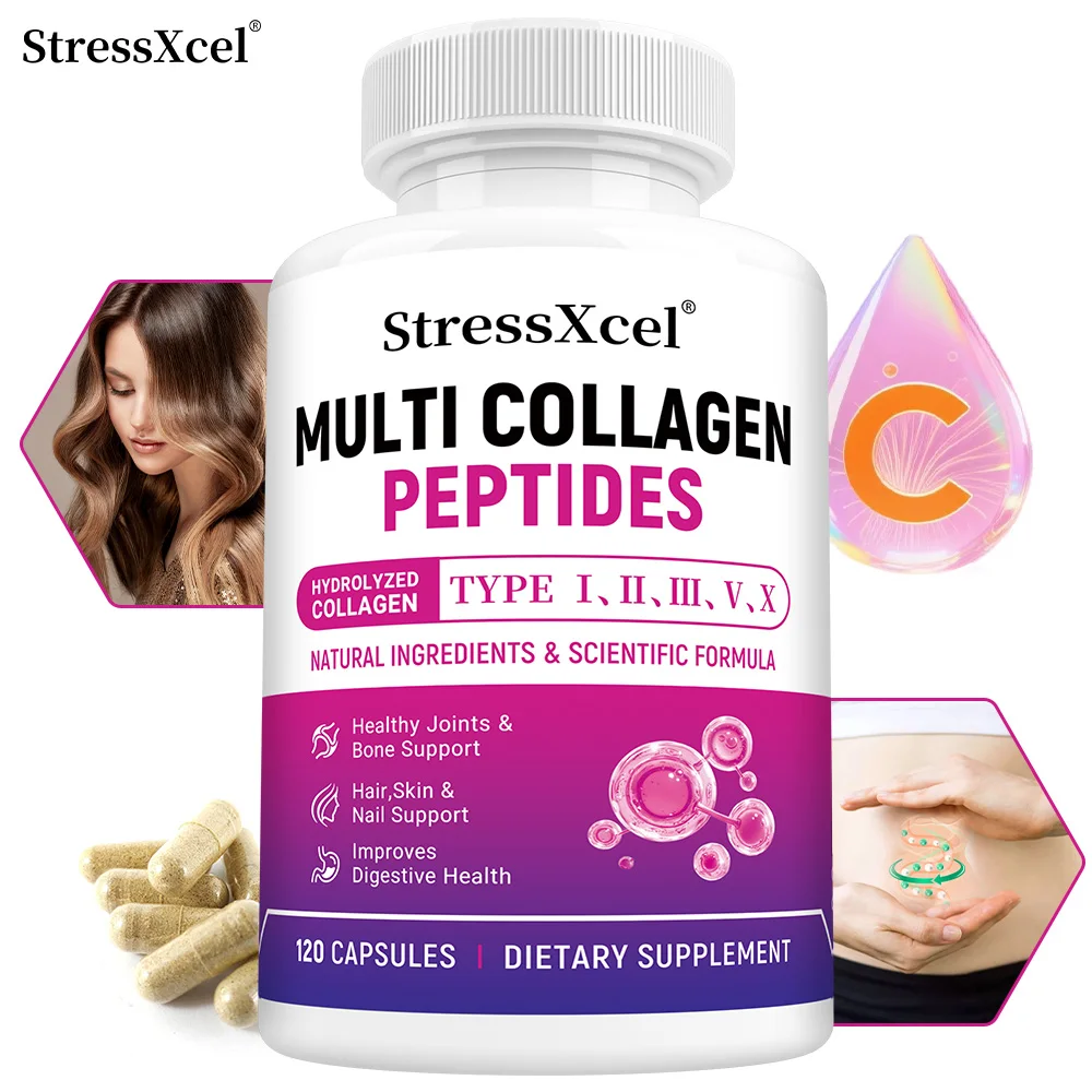 Multi Collagen Peptides Capsules, Type I II III V X, Biotin, Anti-Aging Skin, Hair, Nails, Joints, Gut & Immunity Support
