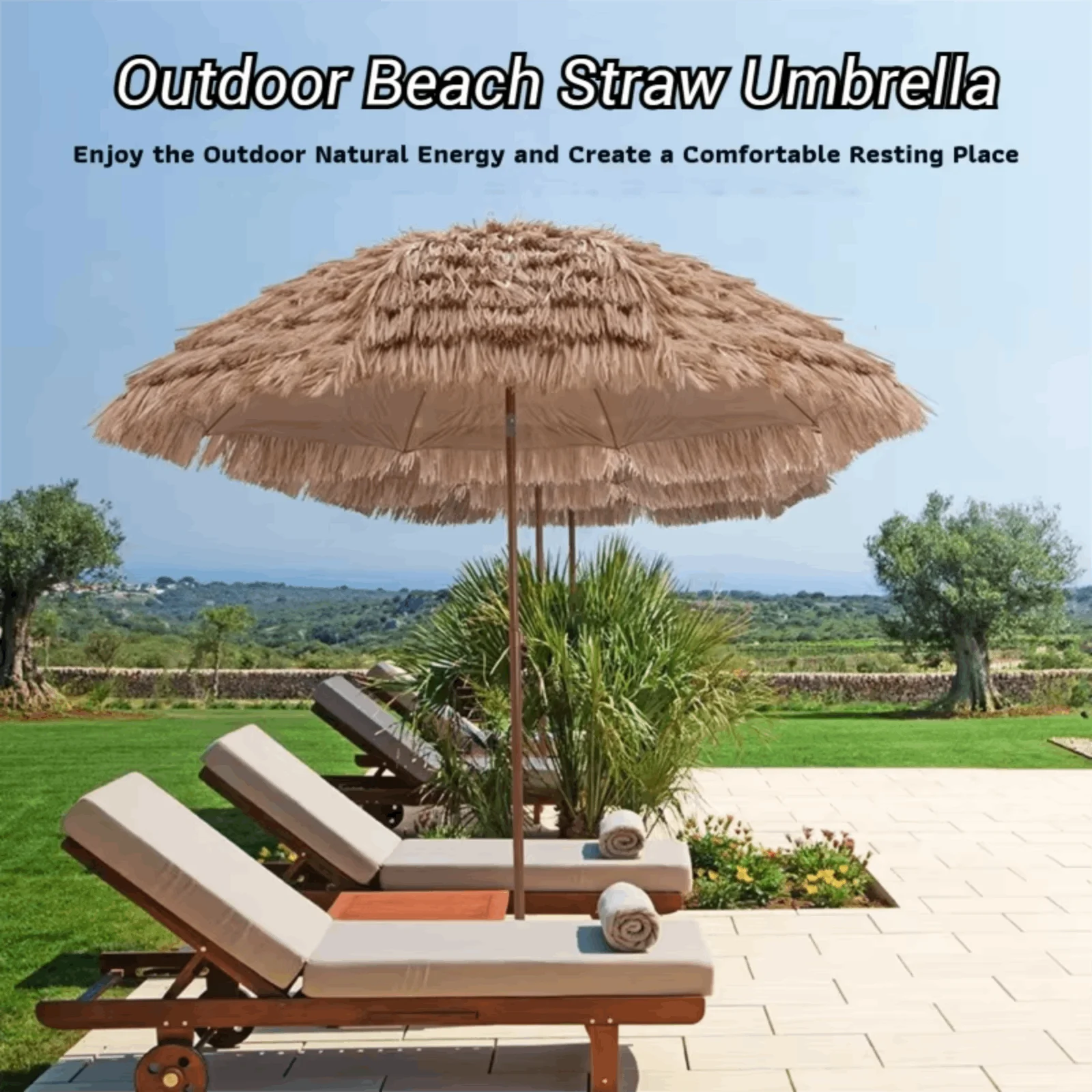 63inch Simulated Thatched Garden Parasol Umbrella for Pool Backyard Metal Ribs Simple Installation Multipurpose Tropical Decor