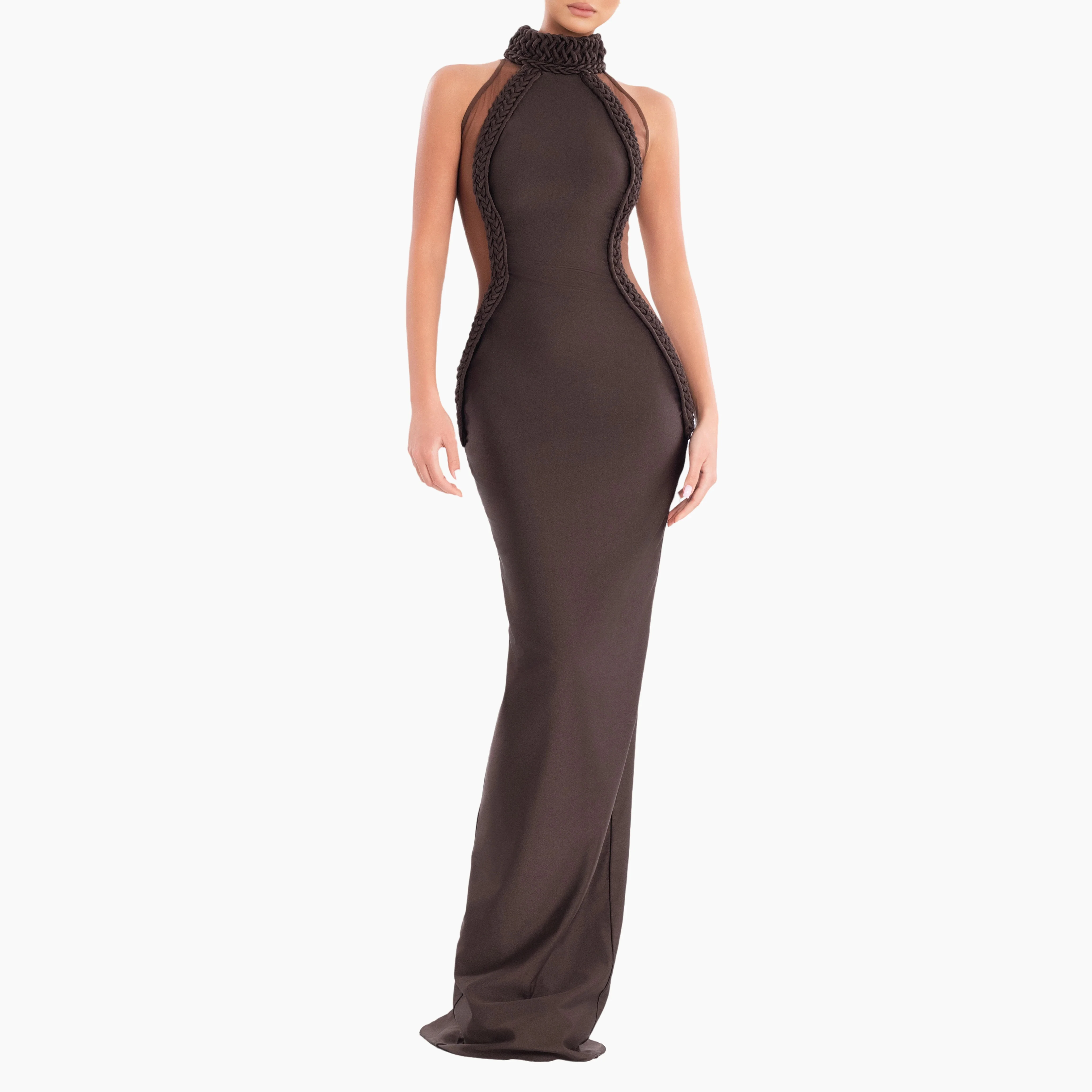 

2025 летнее женское новое модное облегающее платье без рукавов с висячим вырезом кофейного цвета, элегантное вечернее платье