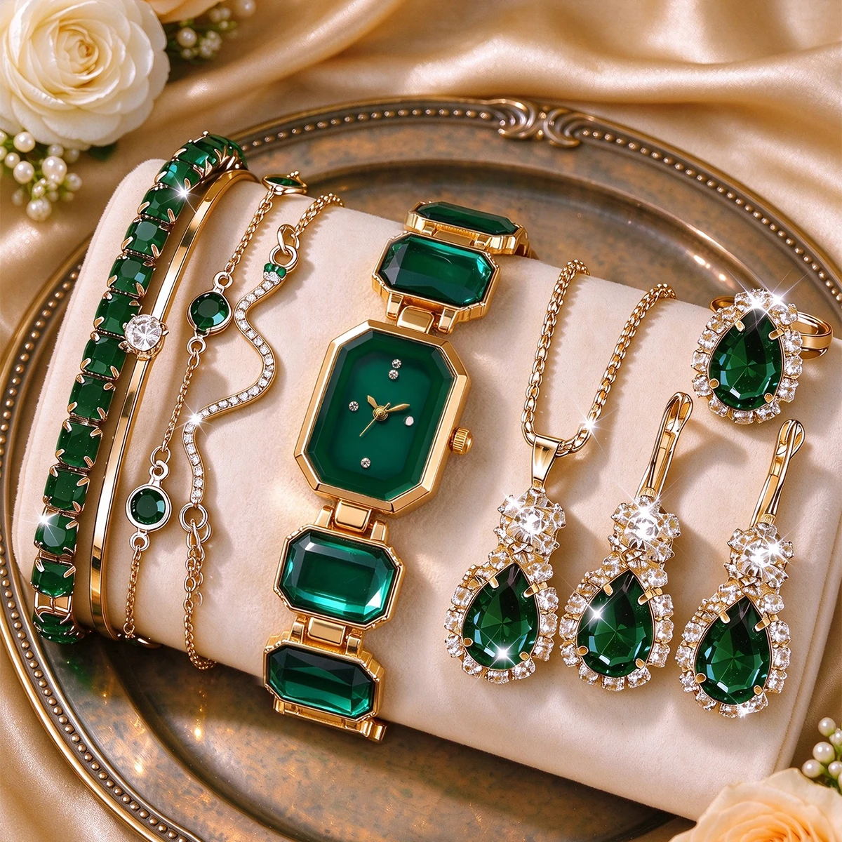 9-Piece Green Fashion Women's Watch Set: Luxurious and Versatile Square Dial Quartz Watch, Bracelet, Necklace, and Earrings Combo—Suitable for Daily Wear or as a Holiday Gift, Women's Accessories, Exquisite Gifts for Women.