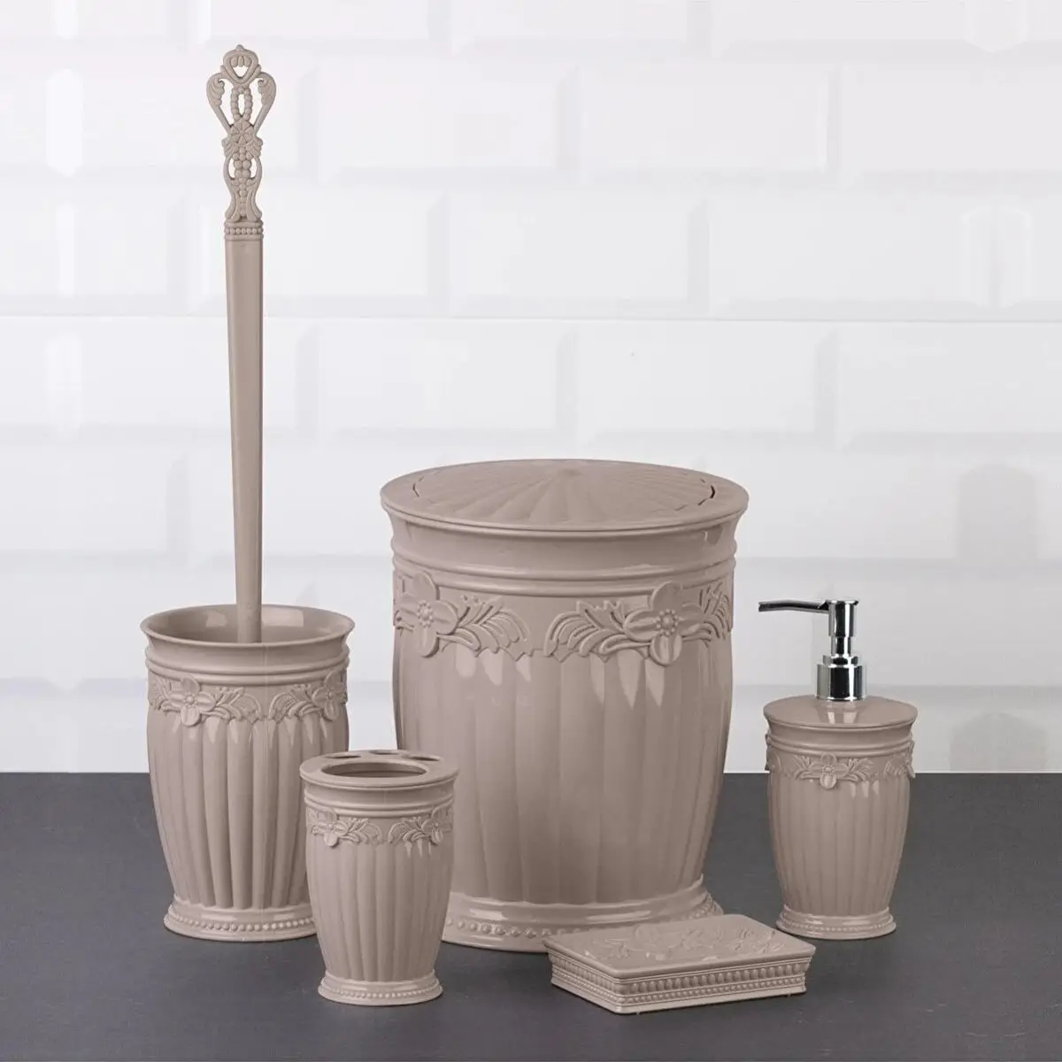 

Bath Access Set Stylish Mink 5 Pcs Plastic Lux Toothbrush Holder Liquid And Solid Soap Dispenser Toilet Brush Trash Can