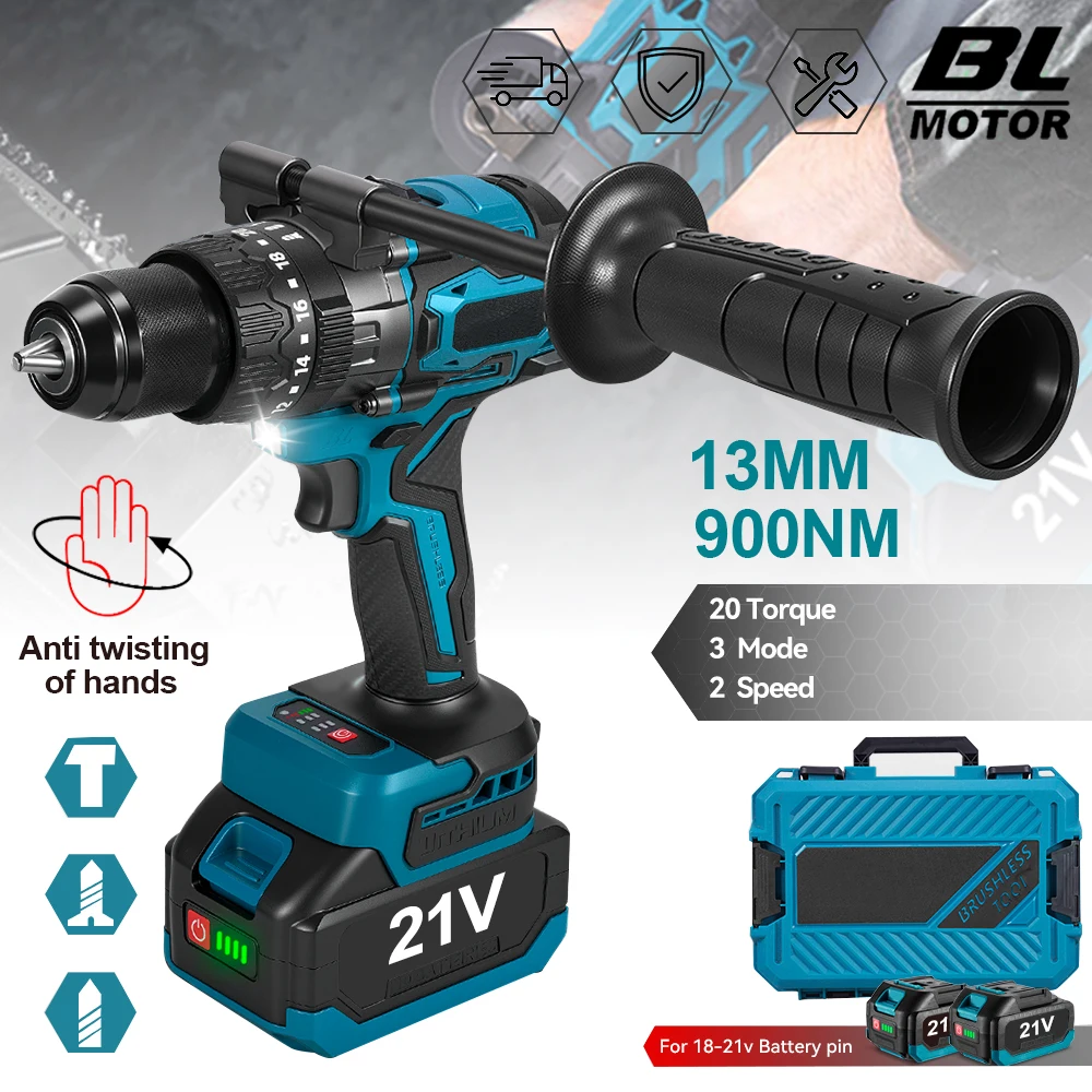 900N.M Bürstenloser Elektrischer Schlagbohrer Kabelloser Bohrer 13mm Elektroschrauber DIY-Schraubendreher Elektrowerkzeug für Makita 18V Akku