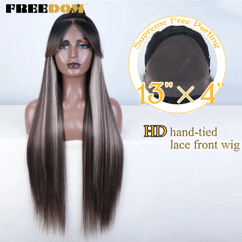 FREEDOM Synthetic Lace Front Wigs For Women 36 inches 13x4 Long Straight Updo Ombre Brown Red White Wig With Bangs Cosplay Wigs