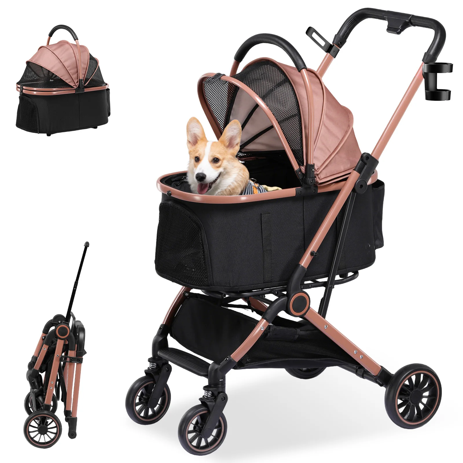 COMHOMA Hundebuggy klappbar bis 25KG, 360°schwenkbares EVA-Vorderrad und Hinterradbremsen, 4-in-1 Hundewagen
