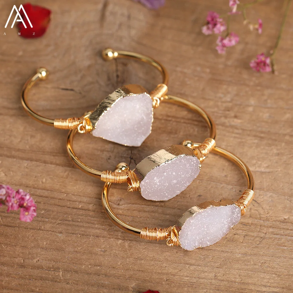 Women Fancy Natural Druzy Drusy Agates Stone Slab Beads Open Cuff Bangle Bracelet Fashion Agates Stone Bracelet Jewelry Dropship