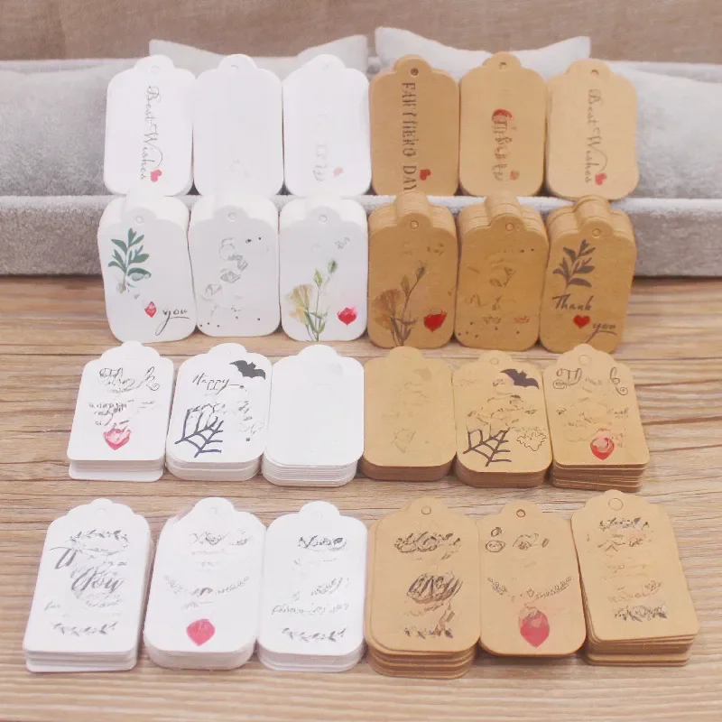 100 szt. 3x5 cm brązowe/białe etykiety prezentowe z papieru pakowego, z liną 20 m, na ślub, baby shower, etykiety świąteczne, dekoracje na imprezę — zdjęcie 2