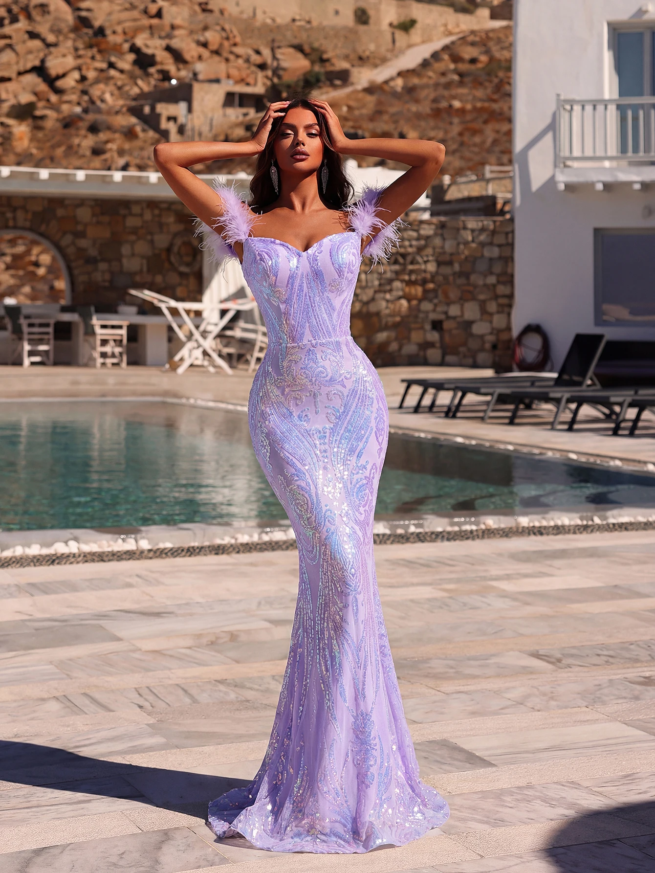 ADYCE New Fashion Summer Women Solid Color Faux Feather Backless Elegant Party Dress With Off Shoulder Evening Dresses Vestidos