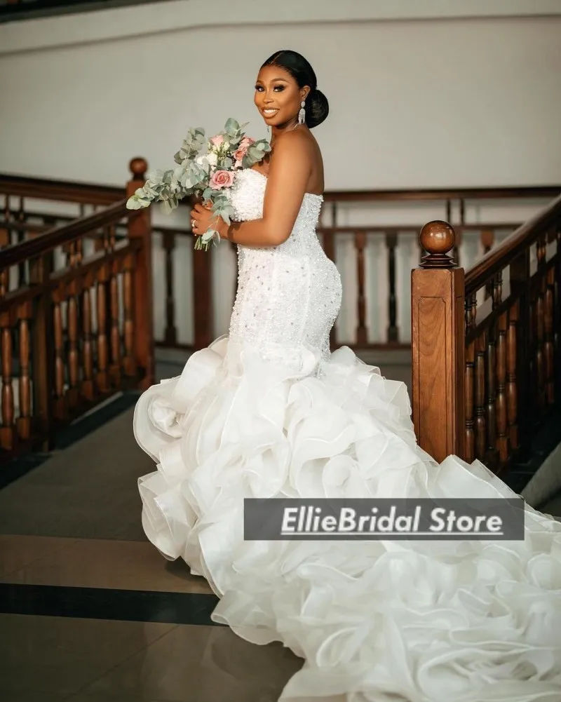 فستان زفاف متواضع للضيوف على شكل قلب لؤلؤ أفريقي Aso Ebi حورية البحر زي العرائس الكشكشة فيستدو دي نوفيا مخصص