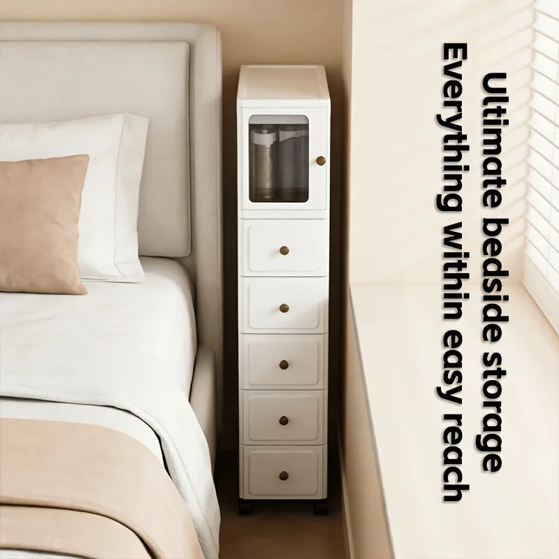 3/4/5/6/7-layer 23cm ultra-thin narrow-gap rolling storage cabinet, stackable white plastic drawer organizer with 1 transparent visible door and round handle, vertical storage tower with lockable caster wheels, perfect for bedside, kitchen, fridge side, b