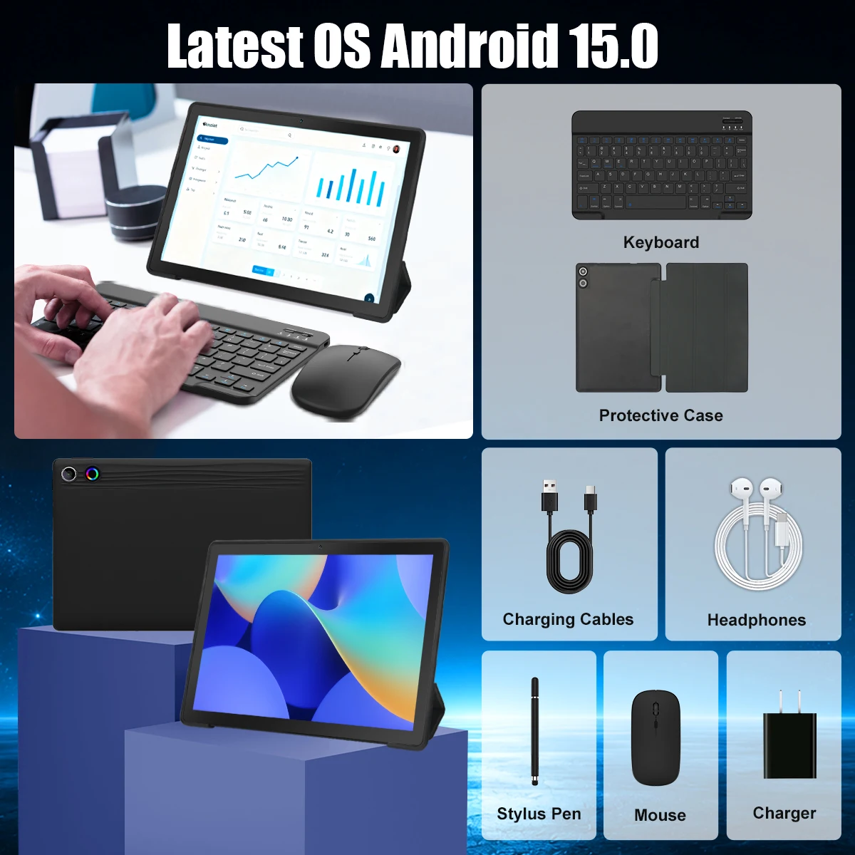 URAO A7L 10.95 Inch Tablet PC Octa Core A523 Android 15 24GB RAM+128GB ROM 6800mAh Battery HD Screen Dual Camera Bluetooth Keyboard Mouse Stylus Full Set Gaming Learning Office Tablet