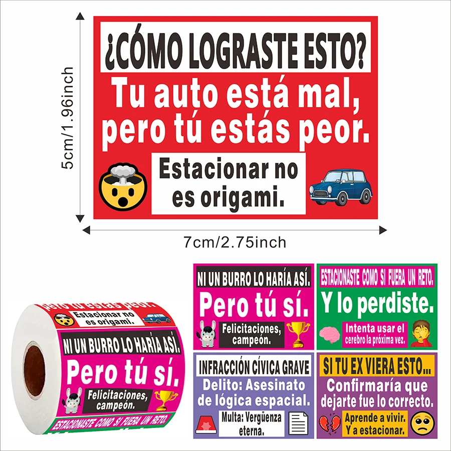 150 Pcs Spanish Parking Stickers – 5 Designs, Funny Car Labels, Matte Finish, 7x5cm, Self-Adhesive